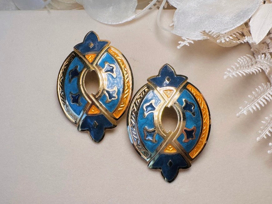 Blue and Gold Etruscan Earrings, Vintage Berebi Enamel Earrings, Grecian Oversized Statement Earrings