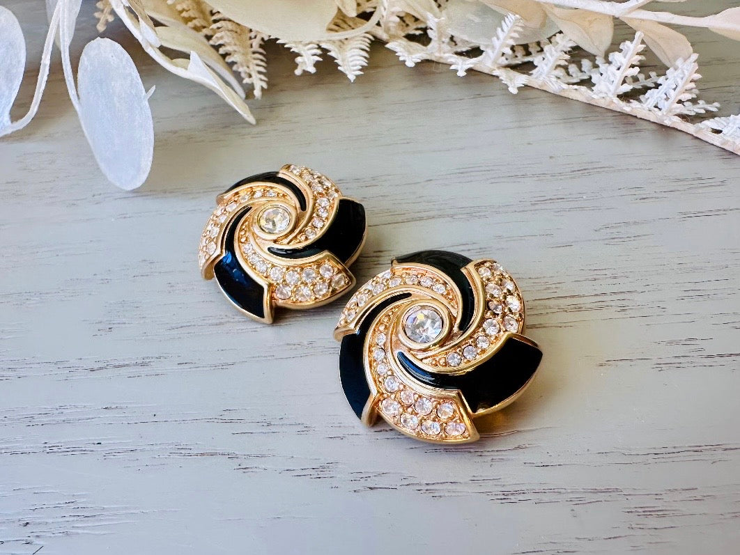 Black Rhinestone Spiral Earrings, Vintage Gold Earrings Black Enamel & Channel Set Diamond Rhinestones, Clip On Earrings for Nonpierced Ears