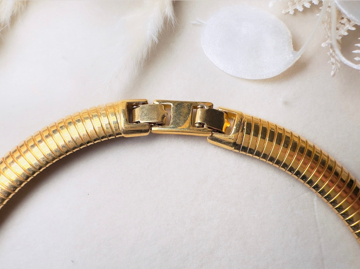 Vintage Omega Necklace, Black and Gold Monet Designer Vintage Necklace with Pave Rhinestones and Black Enamel