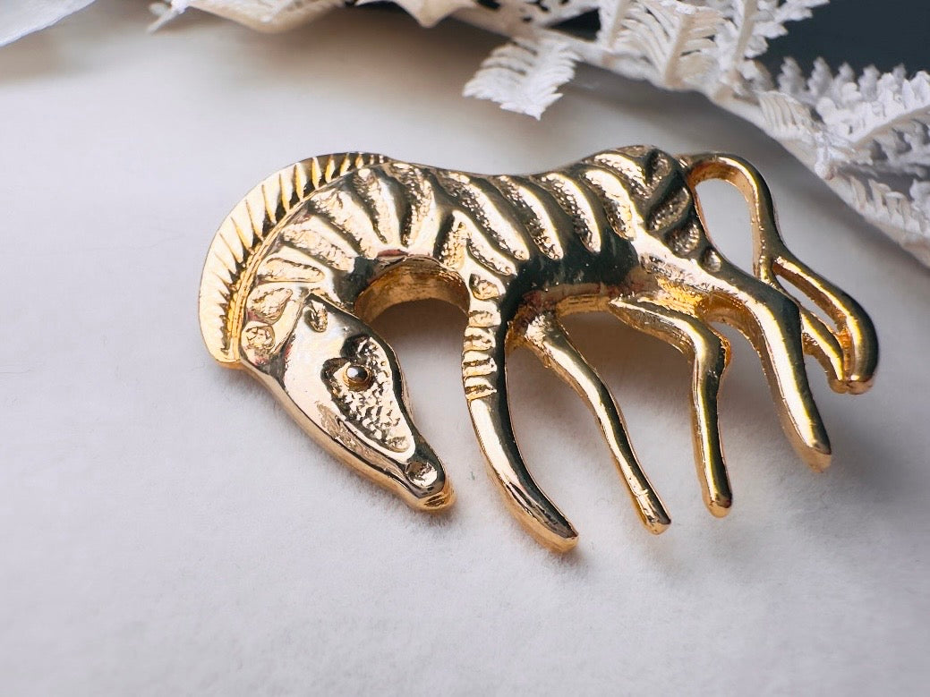 Gold Zebra Brooch Pin, Vintage Wild Zebra Pin, Fun 1980s Jewelry, 80s Gold Vintage Brooch