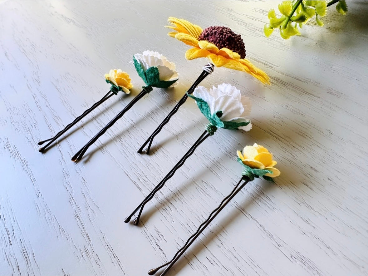 Yellow Flower Hair Pin Set, Yellow Sunflower Bobby Pin with White Carnation + Yellow Rose  Hair Flowers, Sunny Handmade Hair Accessories