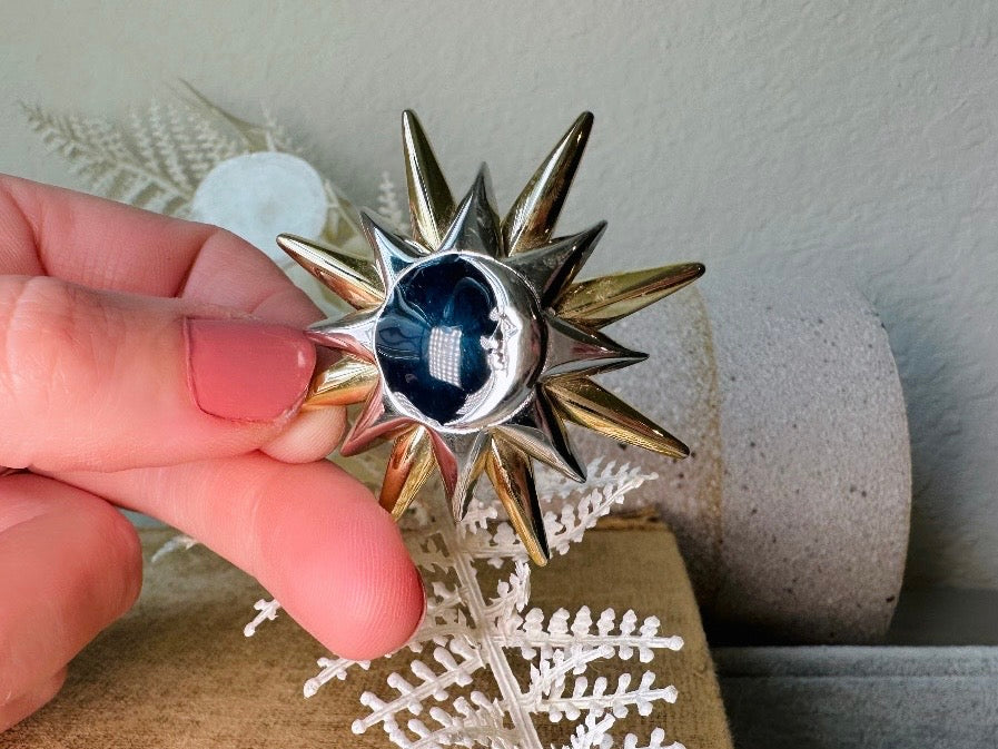 Vintage Liz Claiborne Star and Moon Pin, LCI Celestial Brooch in Gold and Silver with Midnight Blue Enamel