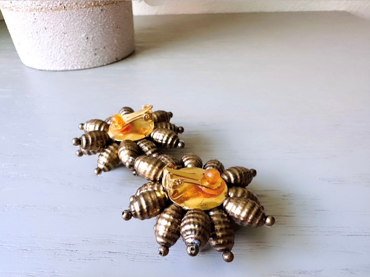 Bronze Cluster Earrings, Fabulous Vintage Clip On Earrings, Big Bold Statement Earrings, Bead Cluster Pom Pom Clip-Ons