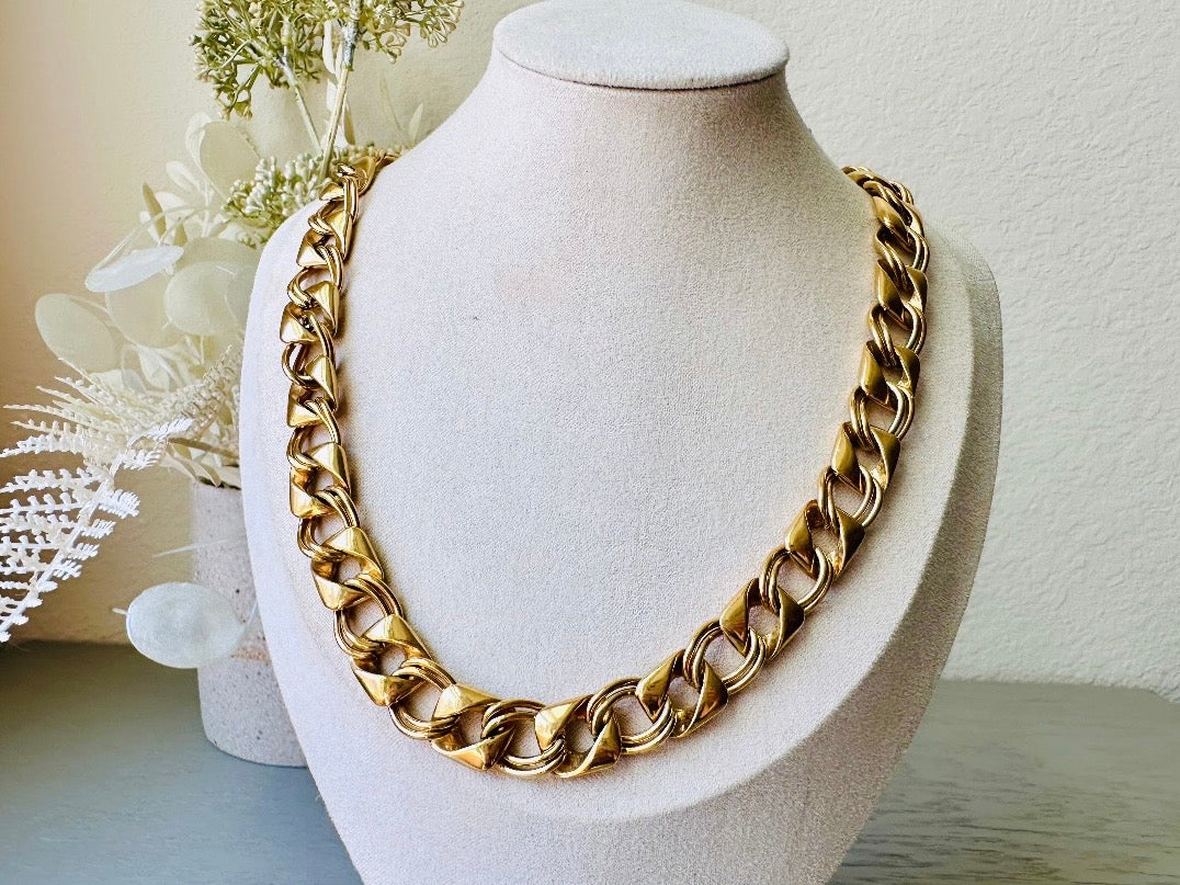 Gold Vintage Chain Necklace, Chunky Gold Necklace with Double Curb Link and Rounded Square, Bold 80s Mogul Style, Authentic Vintage Jewelry