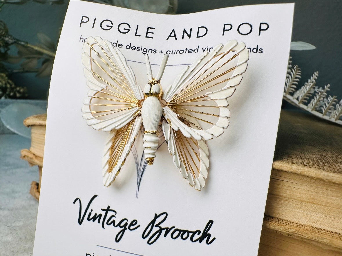 Vintage Butterfly Brooch, Signed Monet Vintage Brooch, Beautiful Gold and White Enamel, Elegant Butterfly Broach, Spring Wedding Fashion