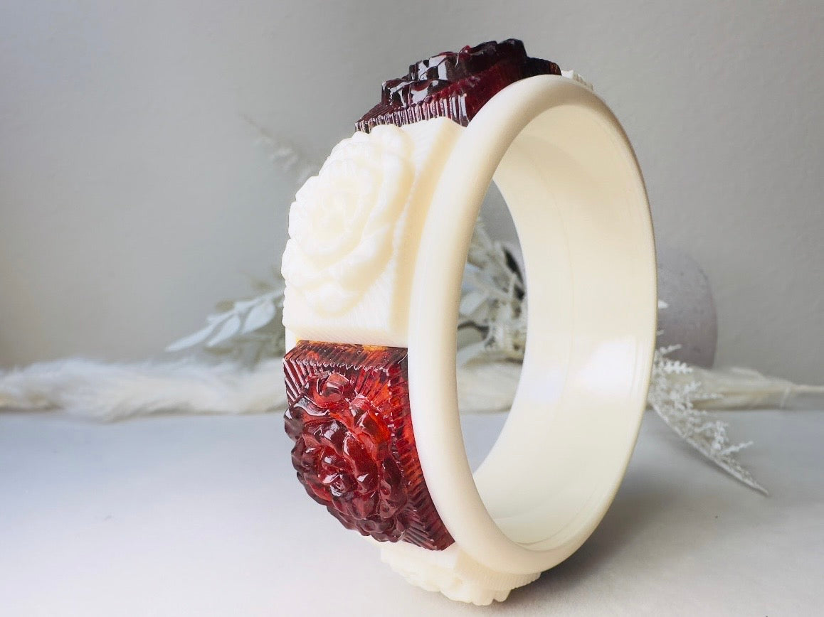Vintage Bangle Bracelet, 1970s Carved Rose Lucite Bracelet in Cream and Amber