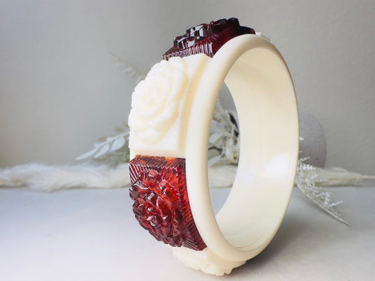 Vintage Bangle Bracelet, 1970s Carved Rose Lucite Bracelet in Cream and Amber