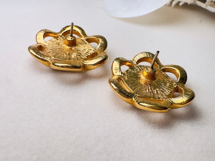 Gold Flower Earrings with Cream Enamel Center, Vintage Floral Post Earrings Signed JS