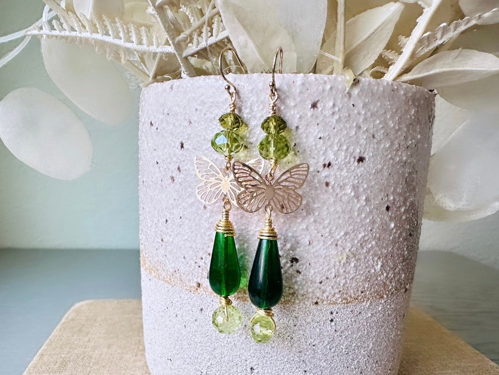 Green Butterfly Earrings, Bridgerton Inspired Handmade 14k Gold Filigree Butterfly Green Crystal Dangle Earrings, Woodland Whimsical Earring by Piggle and Pop