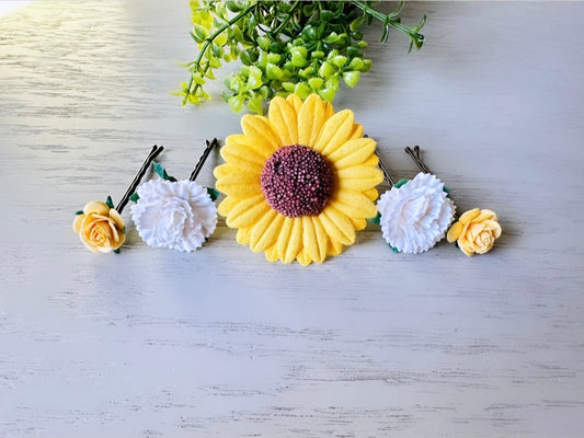 Yellow Flower Hair Pin Set, Yellow Sunflower Bobby Pin with White Carnation + Yellow Rose  Hair Flowers, Sunny Handmade Hair Accessories