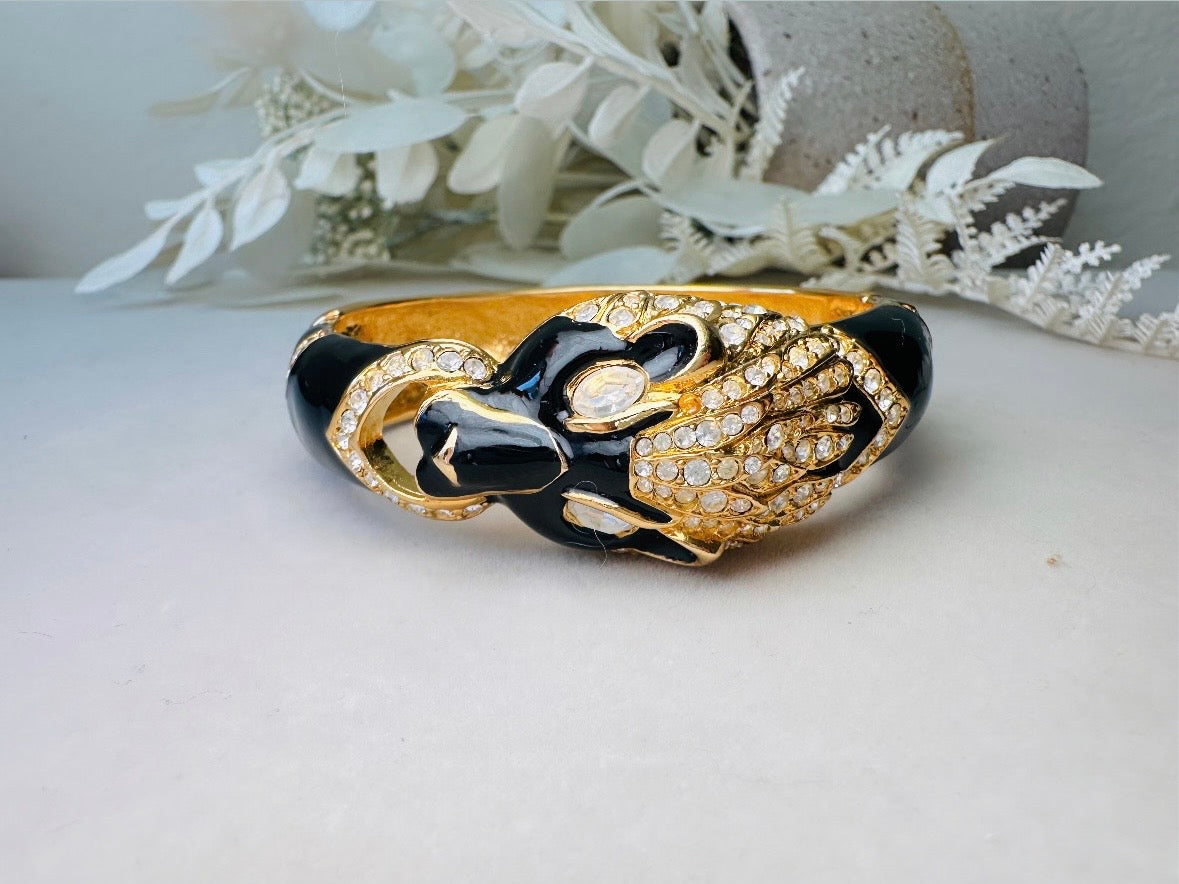 Vintage Giorgio Black Panther Bracelet, Black Enamel Pave Rhinestone and Gold Signed 80s Designer Cuff