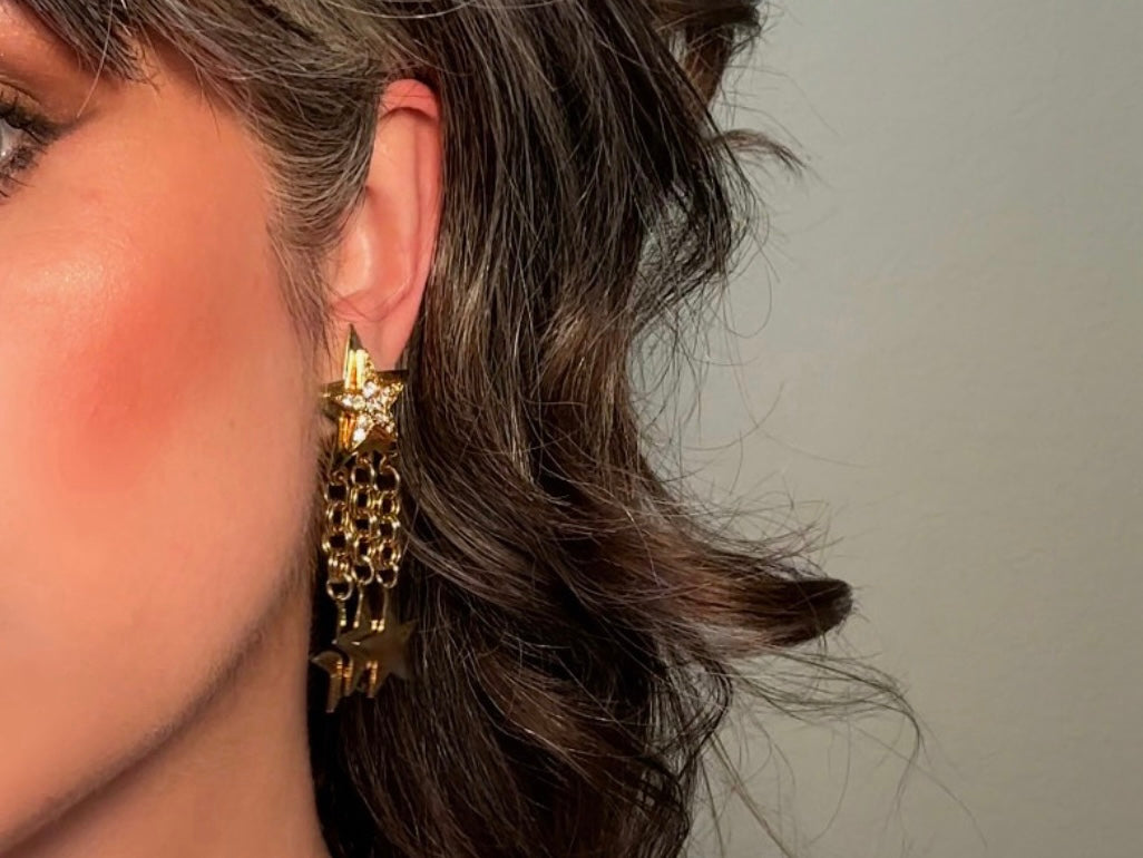 Vintage Star Earrings, Gold Star Pave Rhinestone Chain Tassel Clip Ons