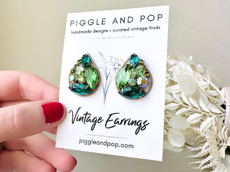 Rare Green Earrings, Vintage WEISS Peridot + Emerald Rhinestone Earrings, Gorgeous Dazzling 1960's Mosaic Teardrop Crystal Clip On Earrings