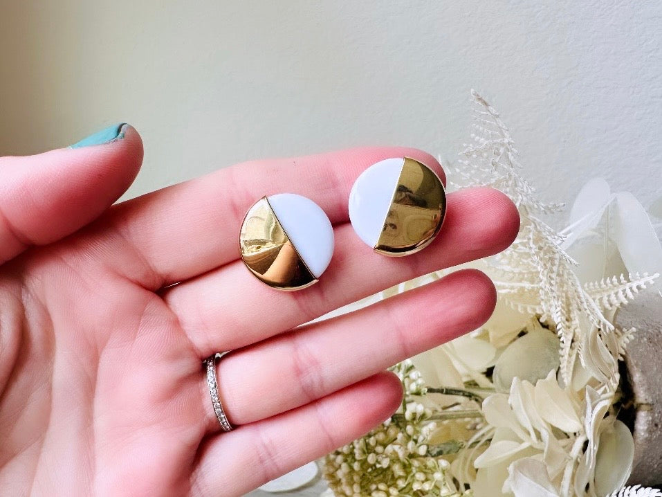 White & Gold Earrings, Vintage 1980's Stud Earrings, Round Acrylic Posts with Gold Half Moon Overlay, Interesting Pierced Post Gold Earrings