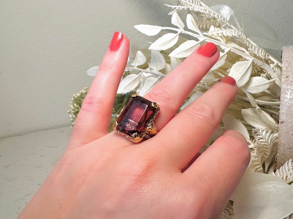 Vintage Cocktail Ring, 1973 Twilight Faux Amethyst Emerald Cut Ring