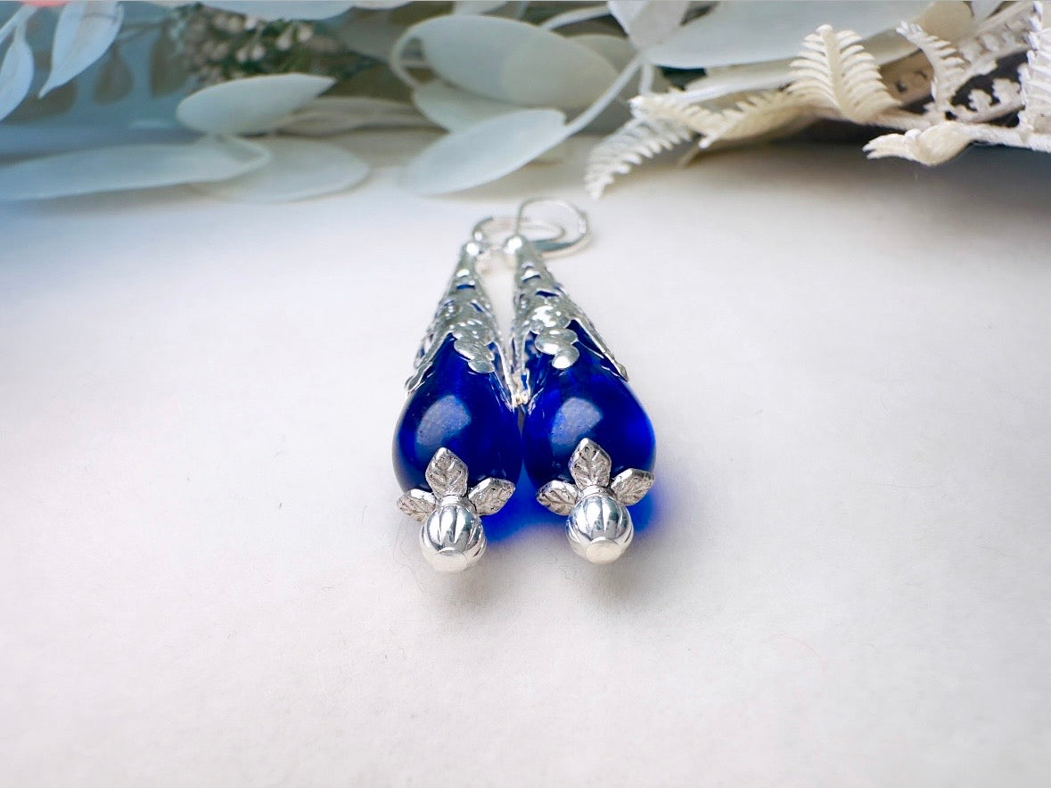 Blue Teardrop Earrings, Long Handmade Cobalt Blue Czech Glass Beaded Drop Earrings with Victorian Silver Filigree Cones