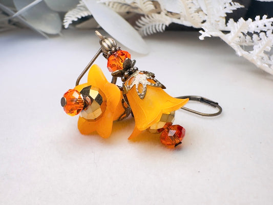 Orange Flower Earrings, Handmade Whimsical Fall Fairy Flower Earrings