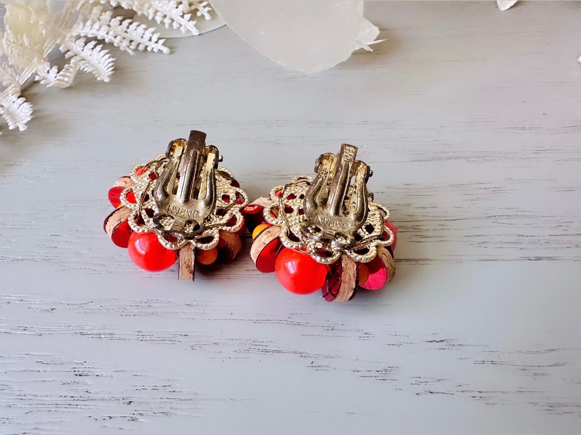 Vibrant 1960s Earrings, Red + Orange Vintage Beaded Clip On Earrings, Japanese Earrings w Wood Discs and Rhinestones, Authentic 60s Earrings