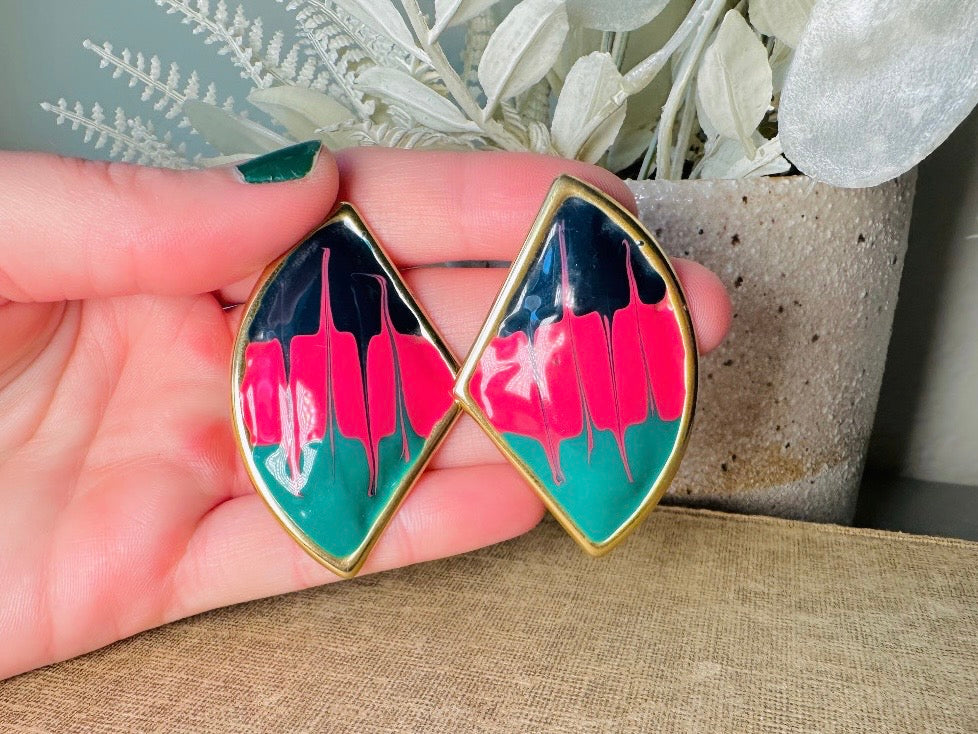 1980s Painted Abstract Earrings, Pink Teal Black and Gold Unique Colorful Paint Splatter Earrings, 80s Drip Enamel Pierced Statement Earring