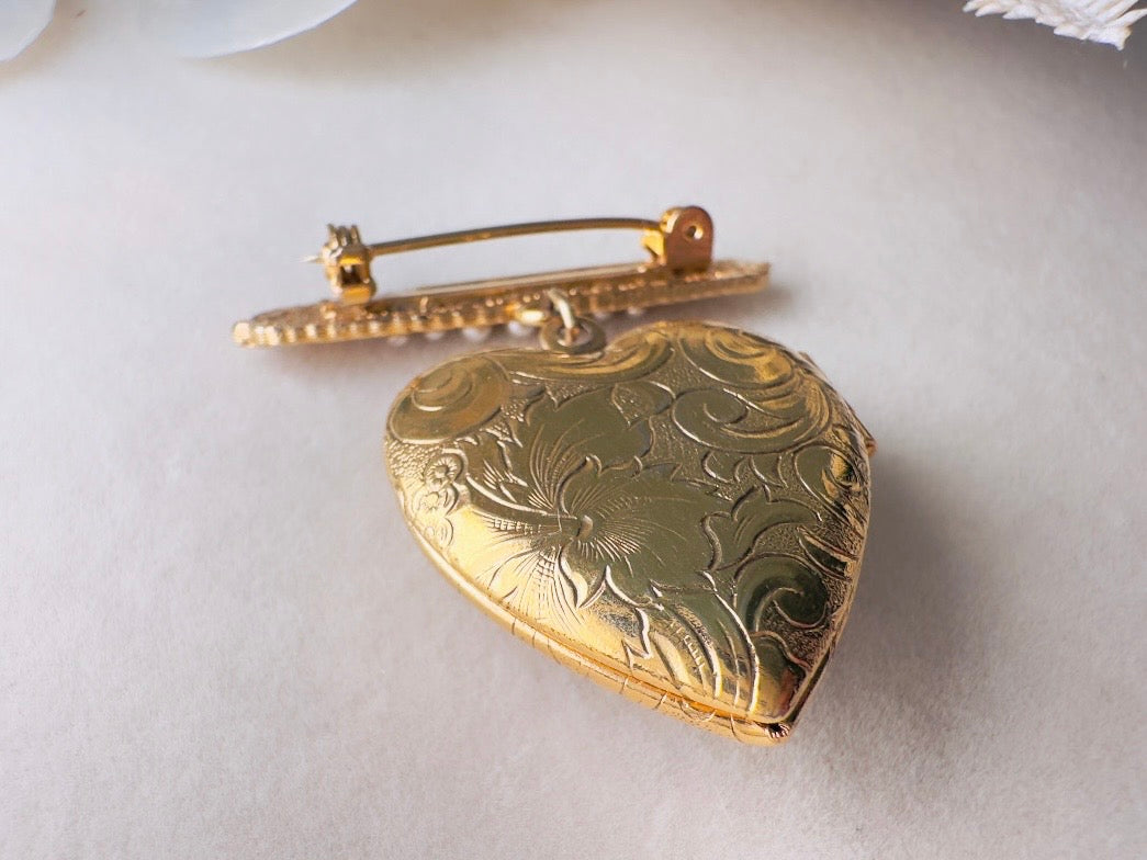 Vintage Heart Locket Brooch, Victorian Pearl Bar Pin Romantic Regency Era Embossed Gold Heart Pin with Black Heart and Pink Ceramic Rose