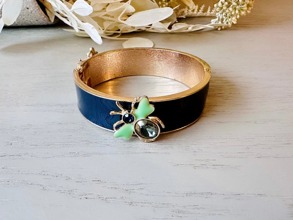 Vintage Cuff Bracelet, Navy Gold and Mint  Enamel Hinged Bracelet with Rhinestone Firefly Bugs, Gold Hinged Clamper Bracelet for Stacking