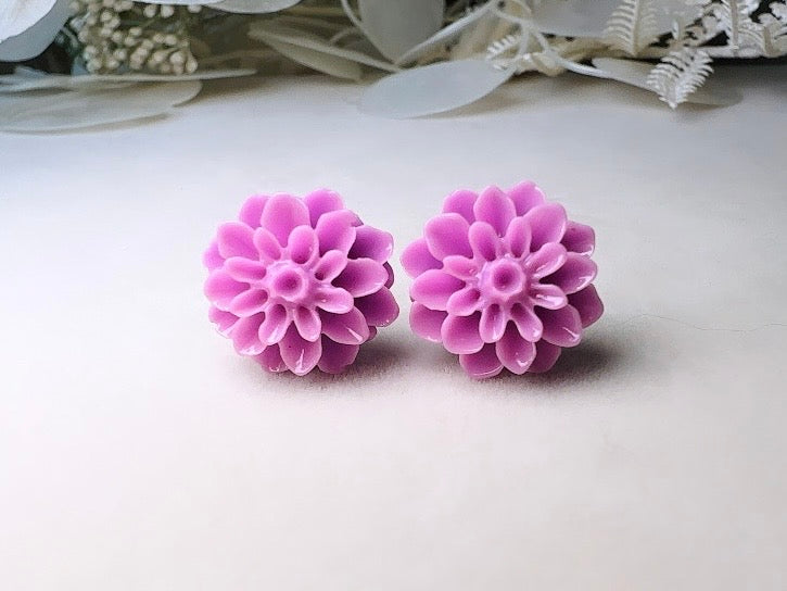 Purple Flower Earrings, Handmade Big Dahlia Resin Flower Stud Earrings