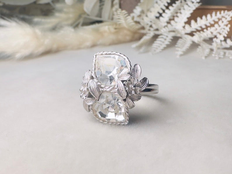 Vintage Heart Ring, 1970s Double Heart Love Story Ring, Diamond April Birthstone Cocktail Ring, Silver Rhinestone Heart Vintage Ring
