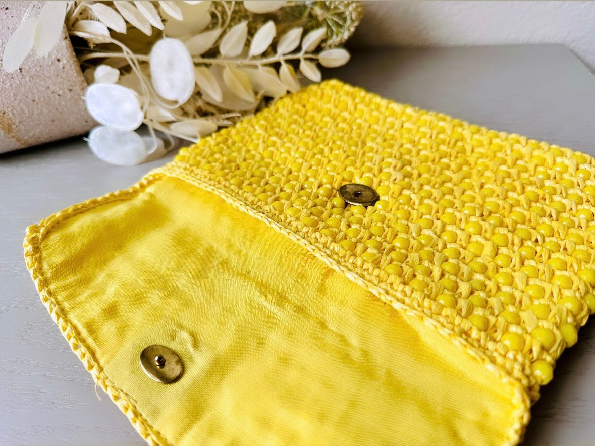 Vintage Yellow Handbag, Adorable Lemon Yellow '60s Clutch, Medium Canary Yellow Beaded Straw Fold Over Clutch, 1960s Cool Mod Summer Fashion