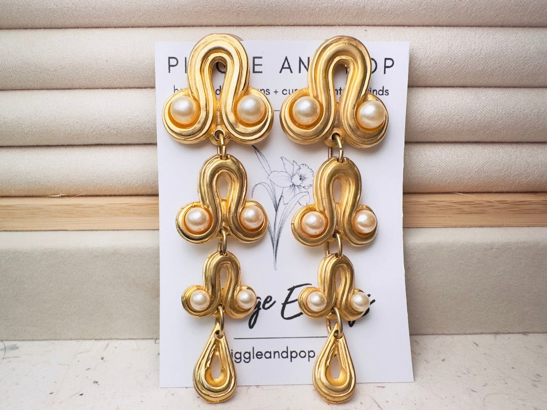 Vintage Blanca Designer Pearl Drop Oversized Matte Gold Clip On Earrings