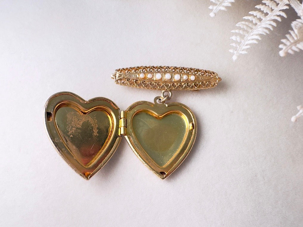 Vintage Heart Locket Brooch, Victorian Pearl Bar Pin Romantic Regency Era Embossed Gold Heart Pin with Black Heart and Pink Ceramic Rose