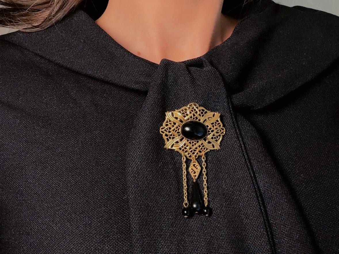 Black Victorian Brooch, Antique Filigree Pin with Black Cameo & Chain Tassels  Romantic Victorian Revival Jewelry