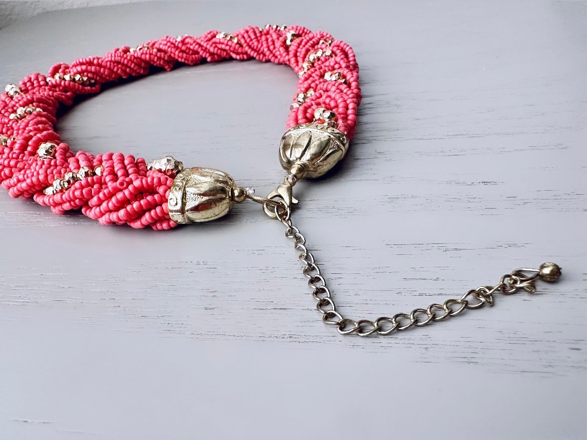 Coral Pink and Gold Vintage Seed Bead Necklace, Statement Necklace, Braided Bead Necklace, Beaded Bib Necklace, Pretty Big Braid Necklace