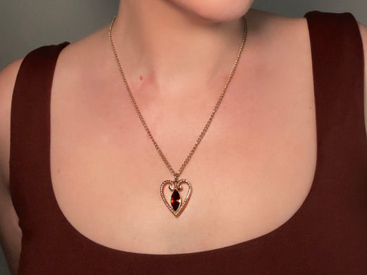 Vintage Avon Heart Necklace, Gold Heart Charm Necklace with Topaz Rhinestone, Gold Heart Pendant Necklace, VTG Chain Necklace