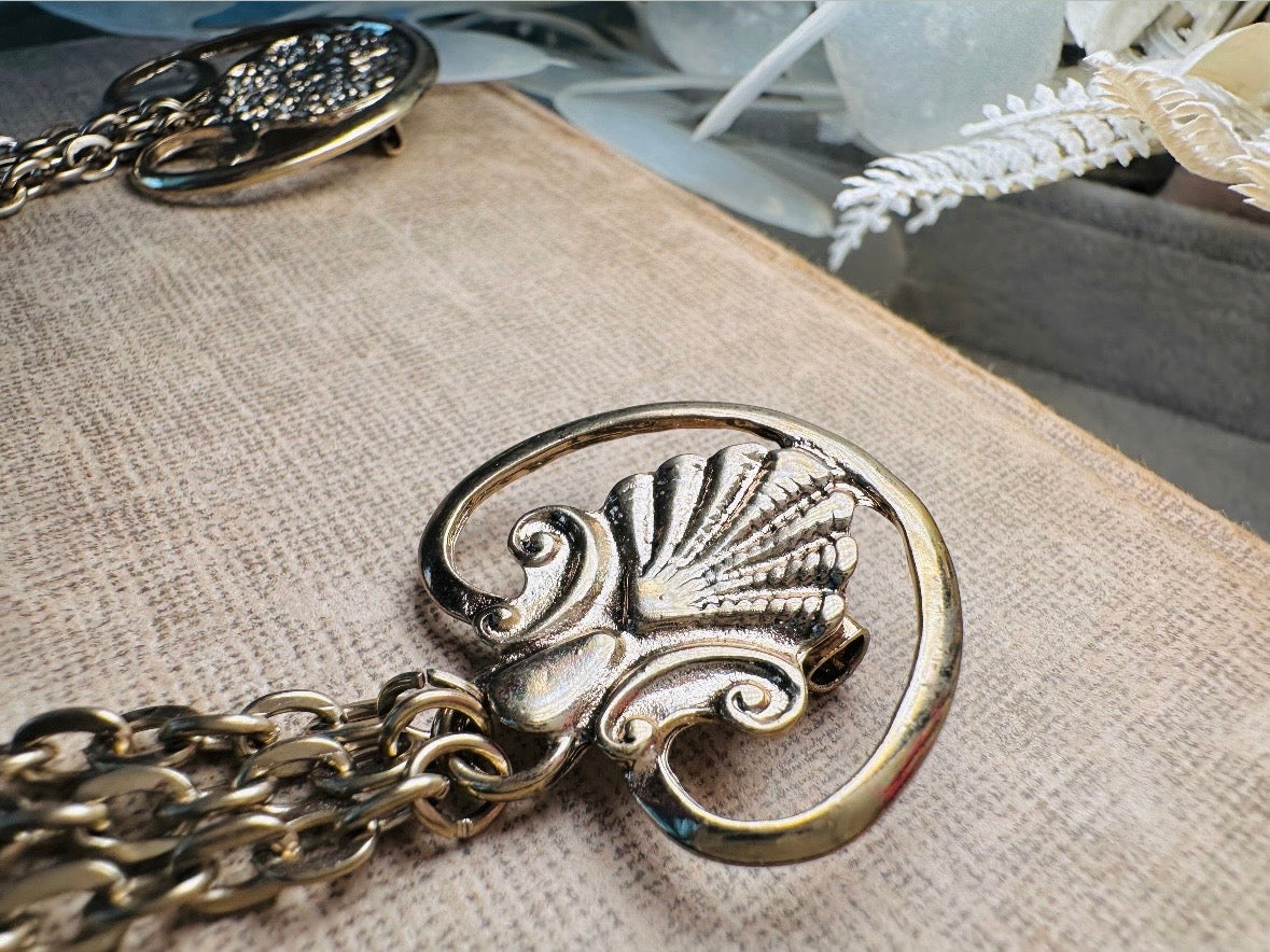 Gold Deco Sweater Pins, Classic Vintage Gold Cloak Chatelaine Pins with Draping Chains, Triple Chain Brooch Pair, Double Fan Pins Brooches