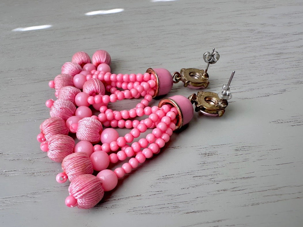 Pink Tassel Earrings, Bright Pink 1960s Earrings, Swinging 60s Vintage Earrings, Barbie Pink Mod Pop Beaded Fringe Pierced Fashion Earrings