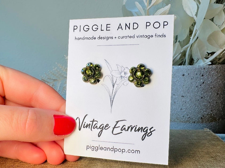 Green Rhinestone Flower Earrings, Small Vintage 1960s Olive Green Crystal Clip On Earrings