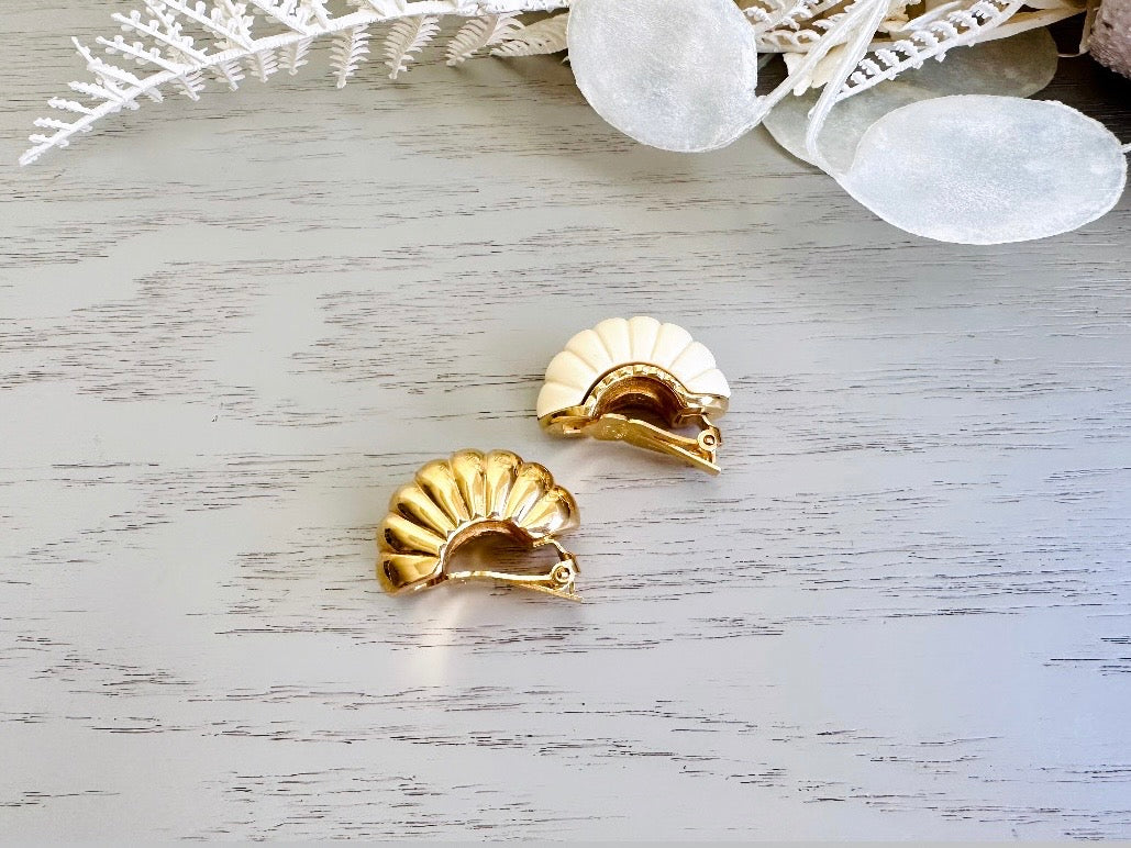 Vintage Kenneth Jay Lane Two Tone Shrimp Huggie Hoop Earrings, 80s Designer Vintage Earrings, Cream and Gold Textured Clip-On Earring