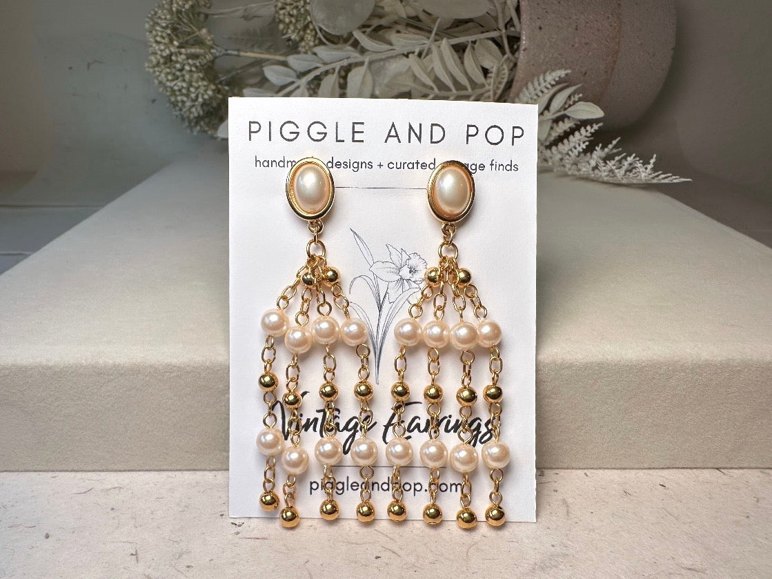 Vintage Trifari Pearl Chandelier Earrings, 1980s Signed Designer Earrings, Delicate Long Fine Gold Chain Tassels Cream Pearls