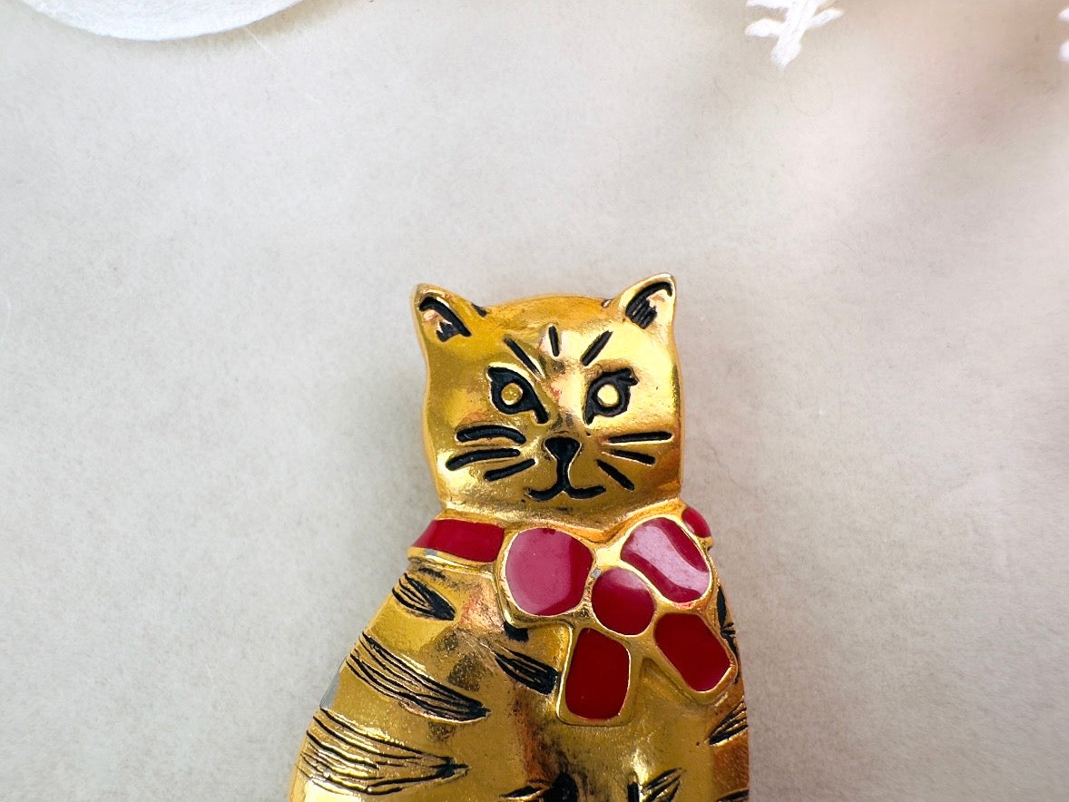 Vintage Cat Brooch, Anne Klein Gold Cat Pin with Red Ribbon Bow, 1980s Vintage Cat Pin, Gold Cat Kitty Broach, Big Statement Animal Brooch