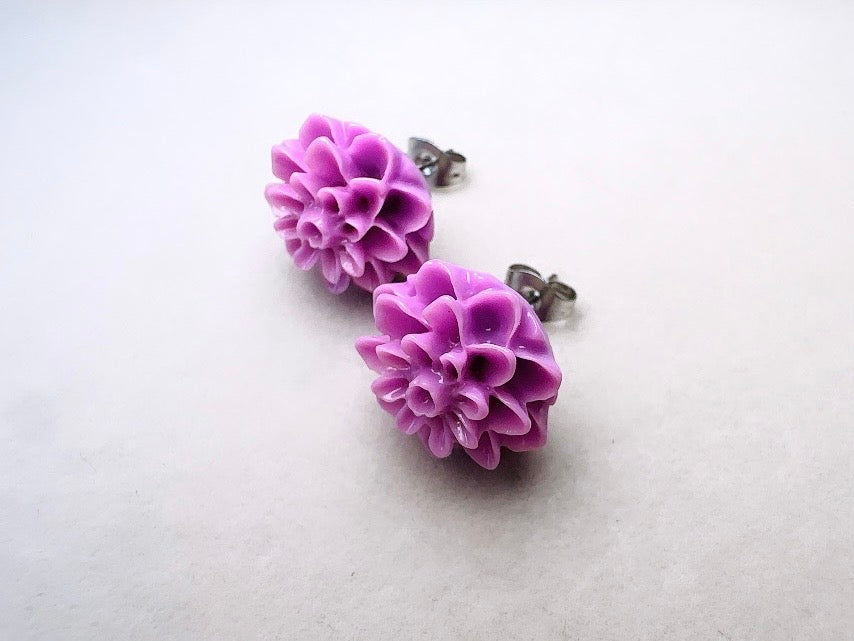 Purple Flower Earrings, Handmade Big Dahlia Resin Flower Stud Earrings