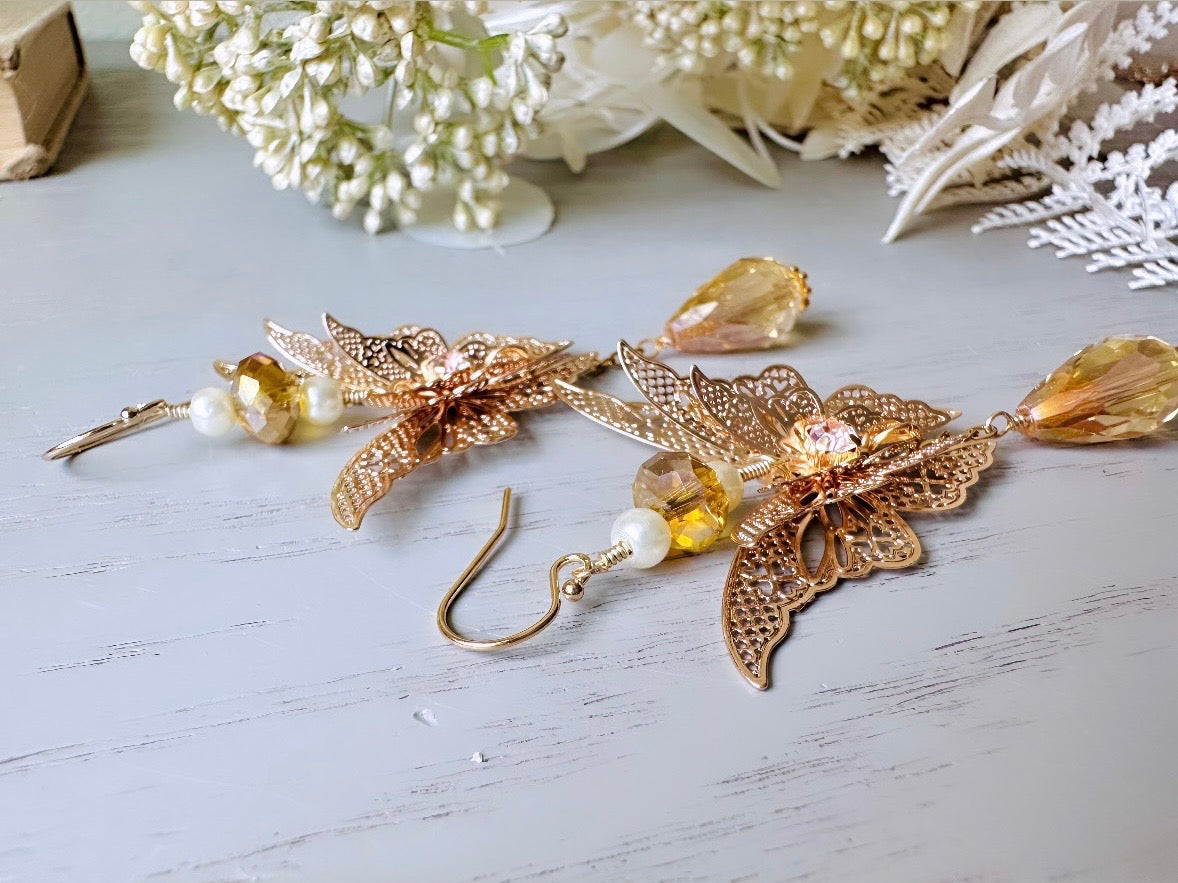 Golden Butterfly Earrings, Handmade Gold Filigree Butterfly Long Dangle Earrings, Gold Crystal and Pearl 14kt Gold, Faerie Wedding Earrings