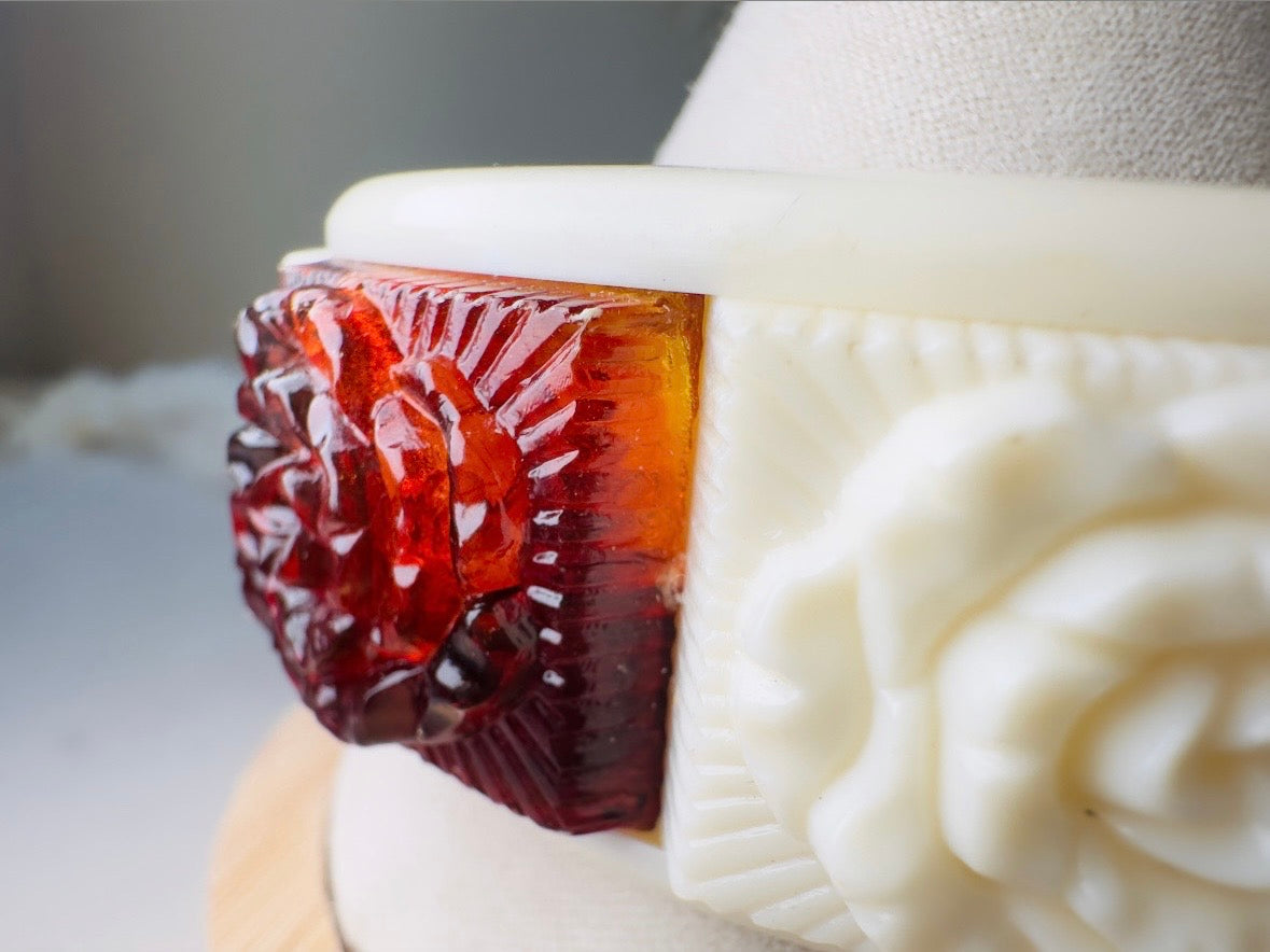 Vintage Bangle Bracelet, 1970s Carved Rose Lucite Bracelet in Cream and Amber