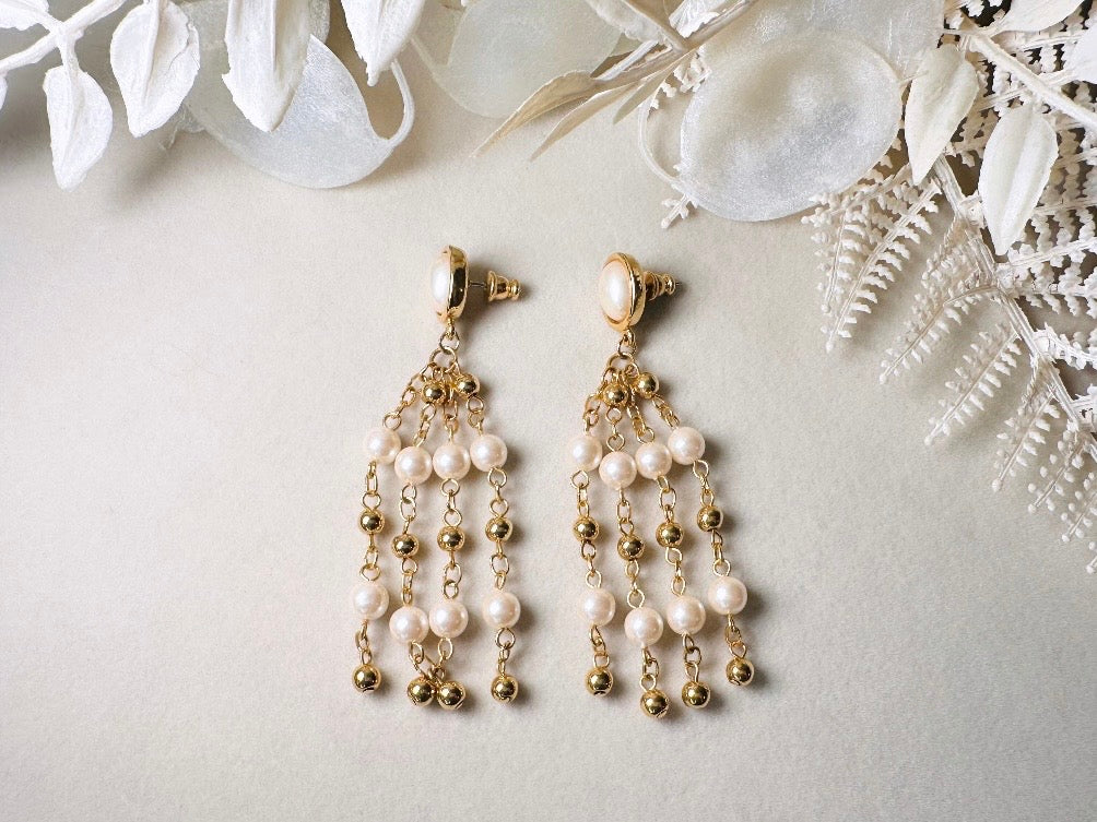 Vintage Trifari Pearl Chandelier Earrings, 1980s Signed Designer Earrings, Delicate Long Fine Gold Chain Tassels Cream Pearls