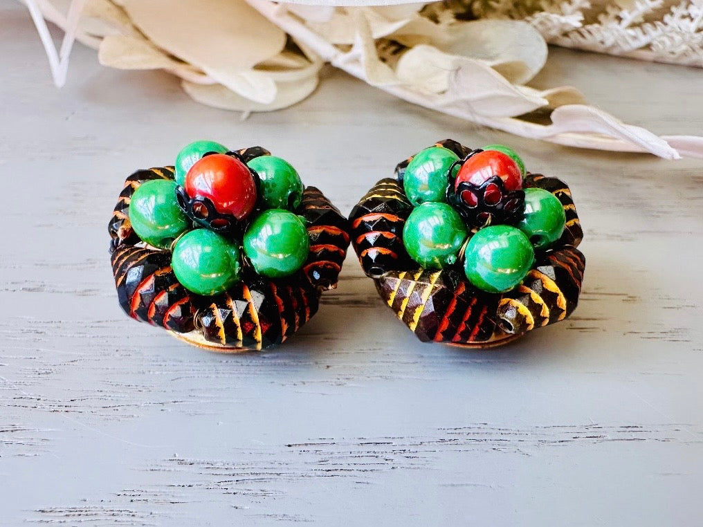 Red and Green Vintage Earrings, Unique 1960s Beaded Clip On Earrings, Made in Hong Kong, Super Cool Mod Pop Retro Authentic 60s Earrings