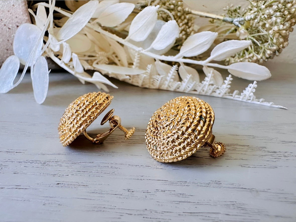 Gold Napier Earrings, 1980s Domed Rope Earrings, Classic Glam Clip On Earrings, 1980s  Retro Designer Signed Designer Napier Earrings