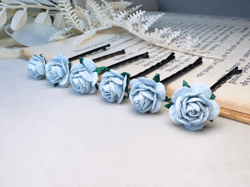 Ice Blue Flower Hair Pins, Handmade Mulberry Paper Rose Bridal Bobby Pins