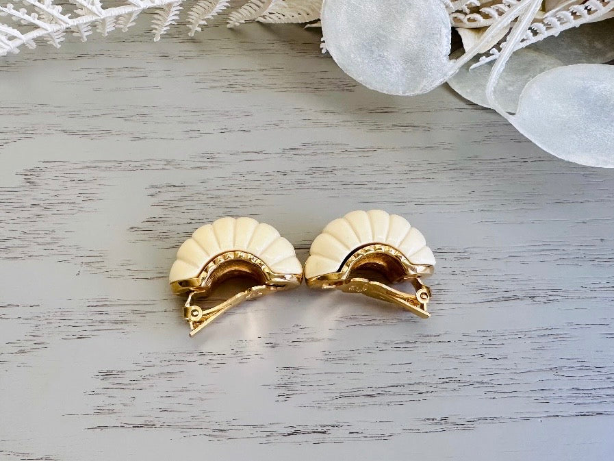 Vintage Kenneth Jay Lane Two Tone Shrimp Huggie Hoop Earrings, 80s Designer Vintage Earrings, Cream and Gold Textured Clip-On Earring