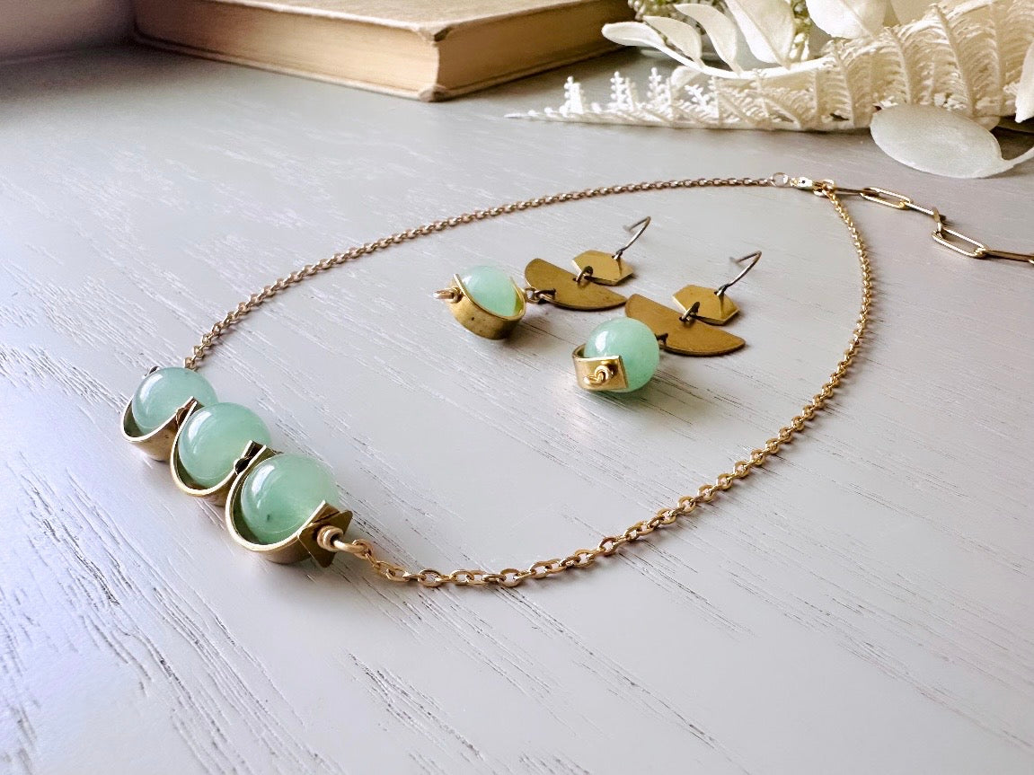 Green Aventurine + Raw Brass Necklace, Green Gemstone Triple Bead Half Moon Brass Frame Minimalist Sleek Stone 14kt Gold Handmade Necklace