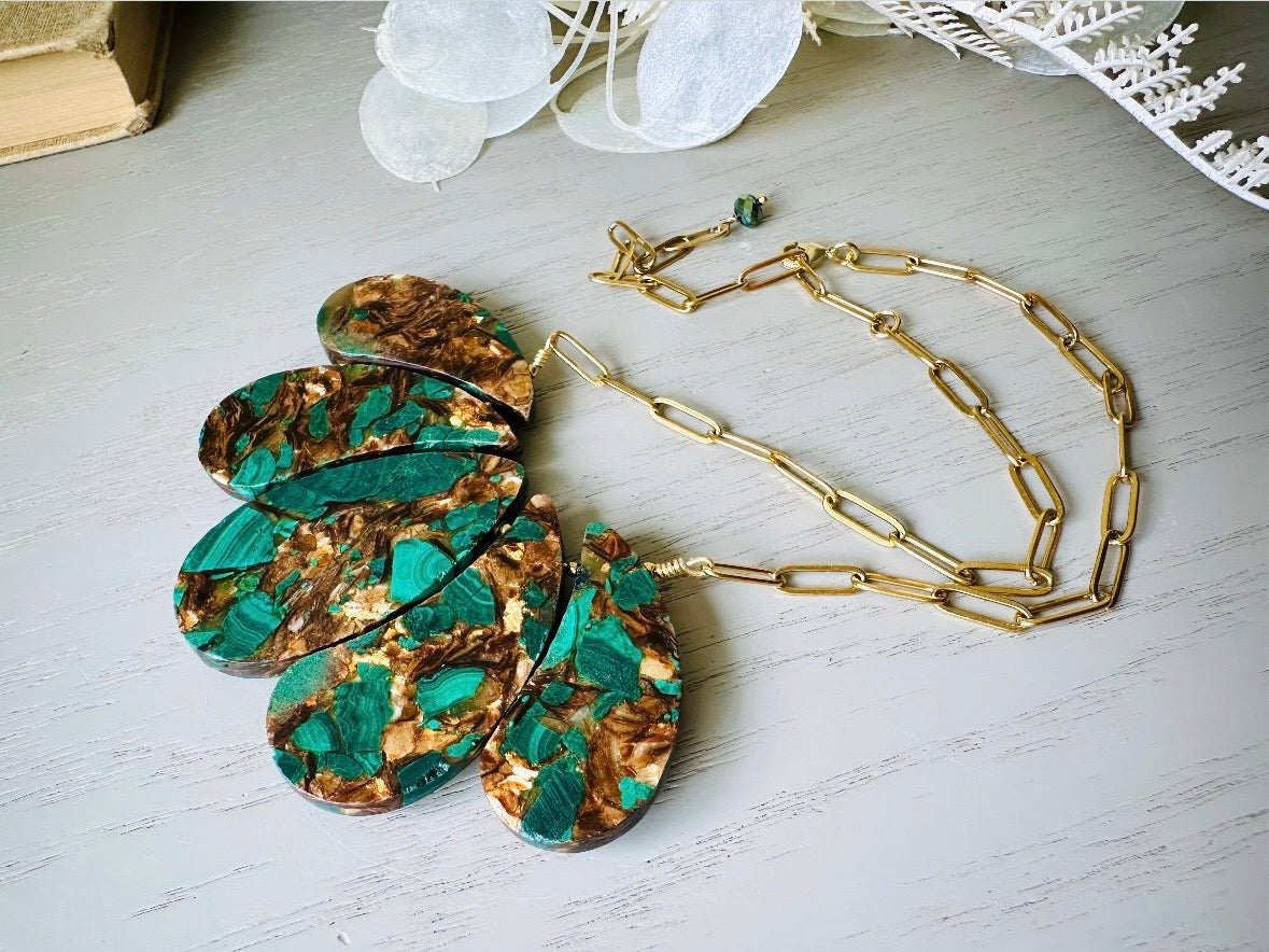 Green Malachite Bronzite Handmade Wire Wrapped Gemstone + 18Kt Gold Necklace, Oversized Statement Choker, Gorgeous Green Gemstone Necklace