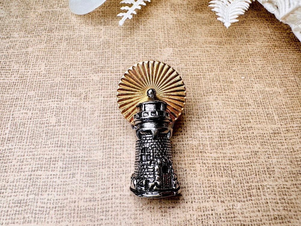 Vintage Lighthouse Pin, Silver and Gold Tie Tack Lapel Pin, Detailed Golden Beacon Nautical Birthday, Mariner Groom Accessories